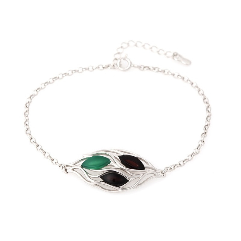 Amber and agate bracelet, rhodium-plated 925 silver, adjustable length 17+3 cm