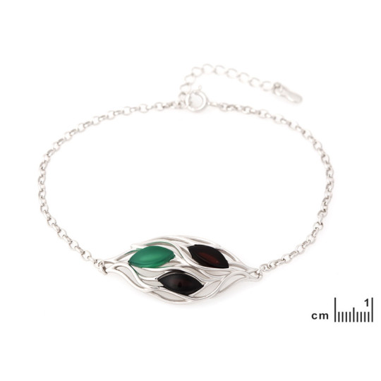 Bracelet en ambre et agate, argent 925 rhodié, longueur ajustable 17+3 cm