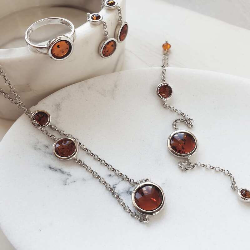 Bracelet en ambre, argent 925 rhodié, longueur ajustable 18+3 cm