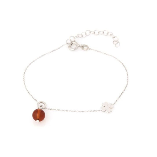 Bracelet trèfle en ambre cognac, argent 925 rhodié, longueur ajustable 16+3,5 cm