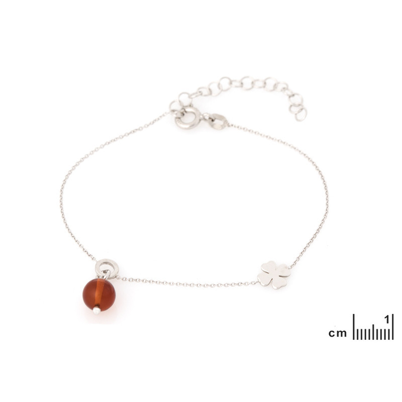 Bracelet trèfle en ambre cognac, argent 925 rhodié, longueur ajustable 16+3,5 cm