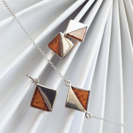 Square amber bracelet, rhodium-plated 925 silver, adjustable length 17+3 cm