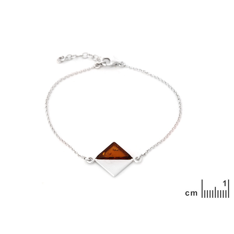 Square amber bracelet, rhodium-plated 925 silver, adjustable length 17+3 cm