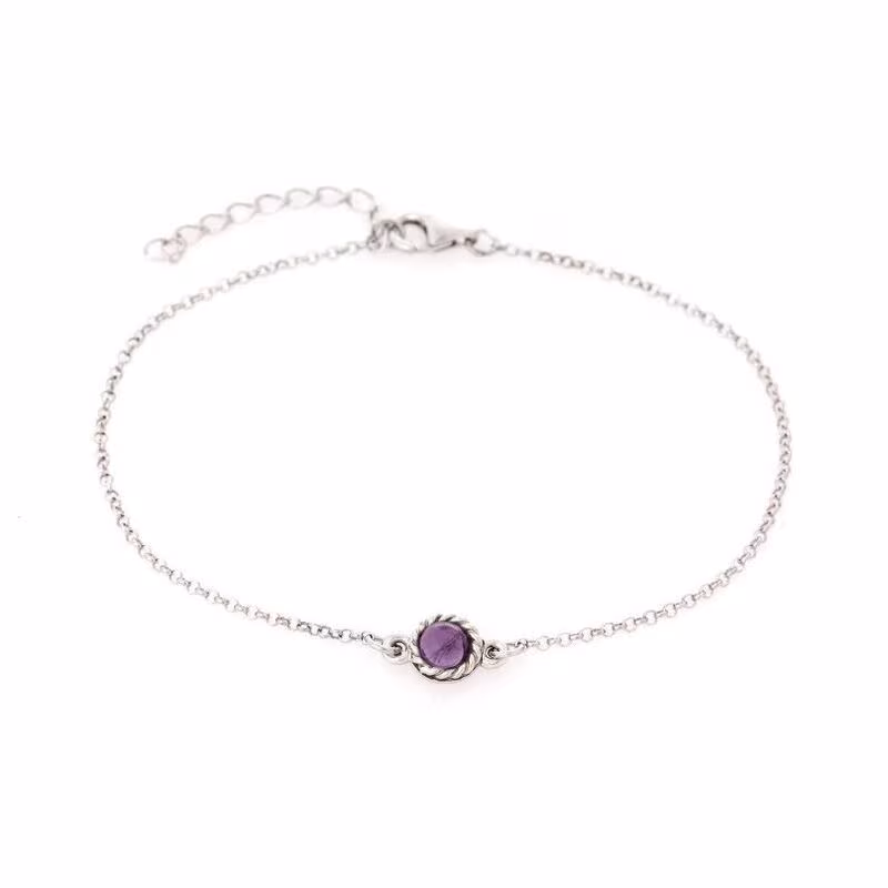 Bracelet rond en améthyste, argent 925 rhodié, longueur ajustable 17+3 cm