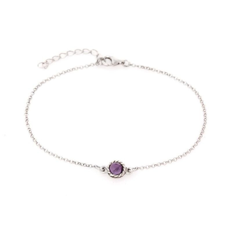 Pulsera redonda de amatista, plata 925 rodiada, largo ajustable 17+3 cm