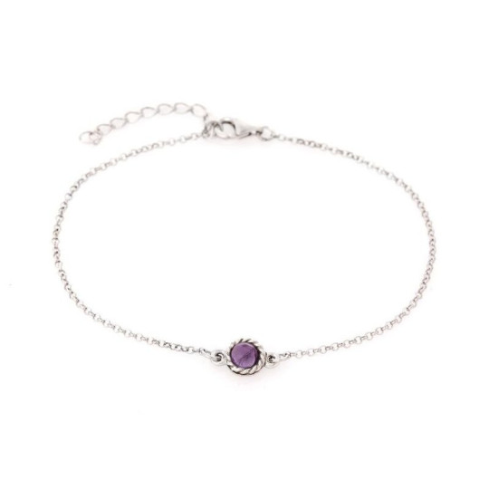 Bracelet rond en améthyste, argent 925 rhodié, longueur ajustable 17+3 cm