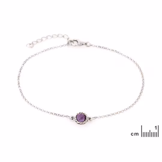Bracelet rond en améthyste, argent 925 rhodié, longueur ajustable 17+3 cm