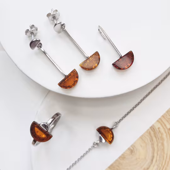 Semi-circle amber bracelet, rhodium-plated 925 silver, adjustable length 17+3 cm