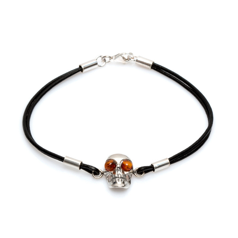 Bracelet tête de mort en ambre cognac, argent 925 vieilli, ajustable 18+3 cm