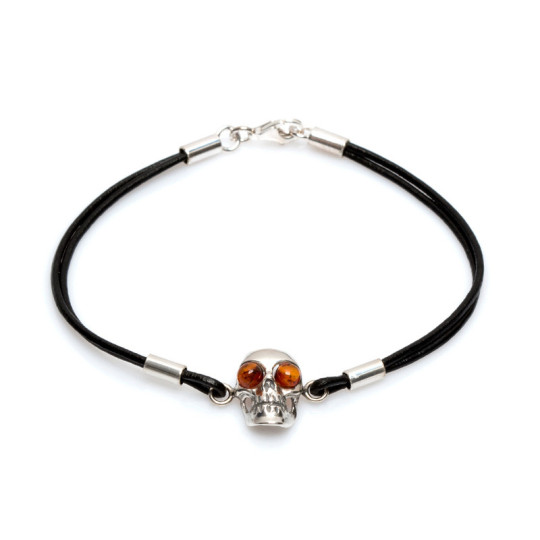 Bracelet tête de mort en ambre cognac, argent 925 vieilli, ajustable 18+3 cm