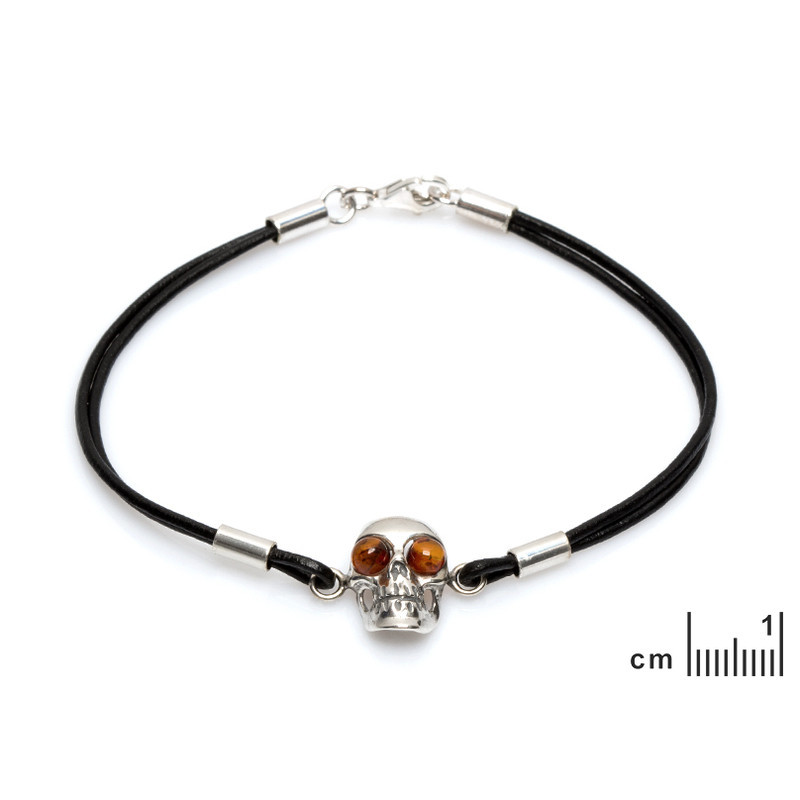 Bracelet tête de mort en ambre cognac, argent 925 vieilli, ajustable 18+3 cm
