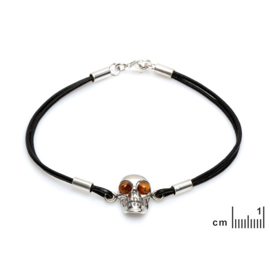 Bracelet tête de mort en ambre cognac, argent 925 vieilli, ajustable 18+3 cm