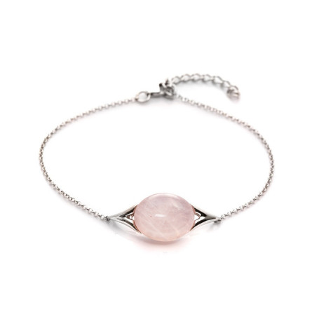 Pulsera ovalada de cuarzo rosa natural, plata 925 rodiada
