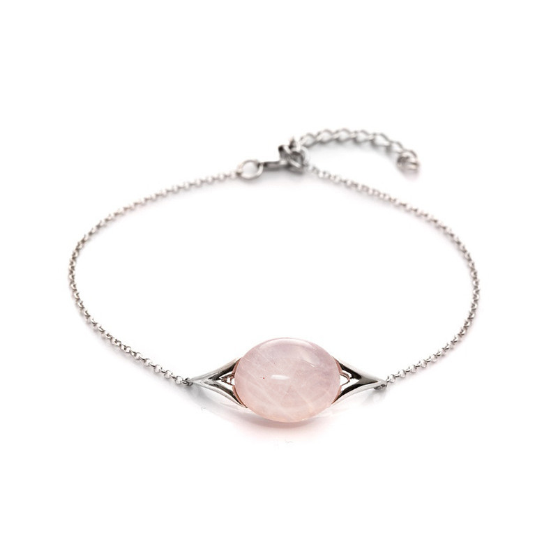 Bracelet en quartz rose naturel ovale, en argent 925 rhodié