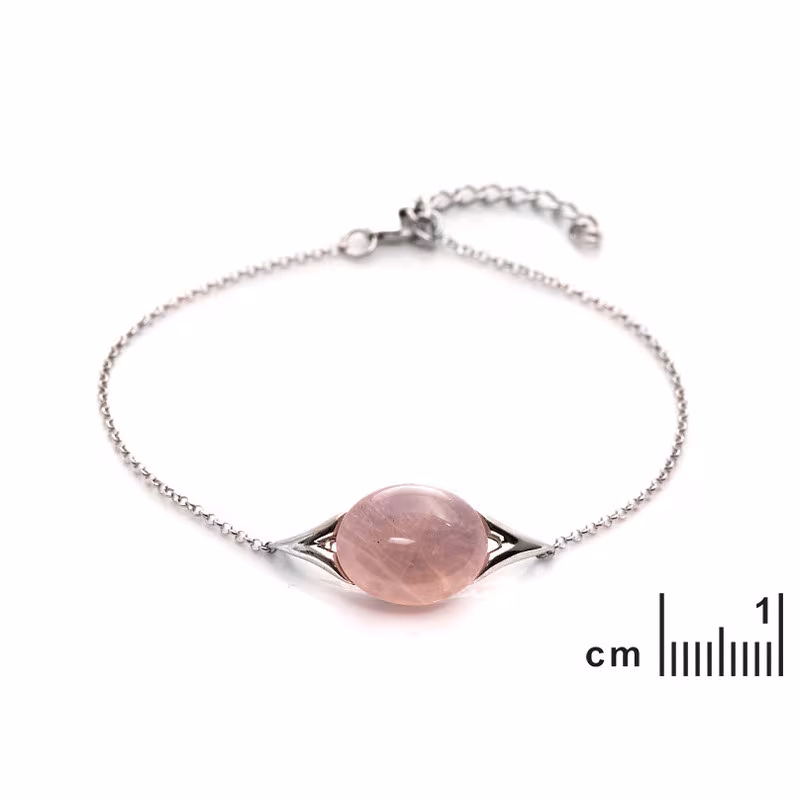 Bracelet en quartz rose naturel ovale, en argent 925 rhodié