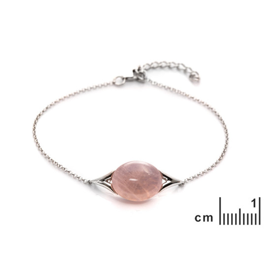 Bracelet en quartz rose naturel ovale, en argent 925 rhodié