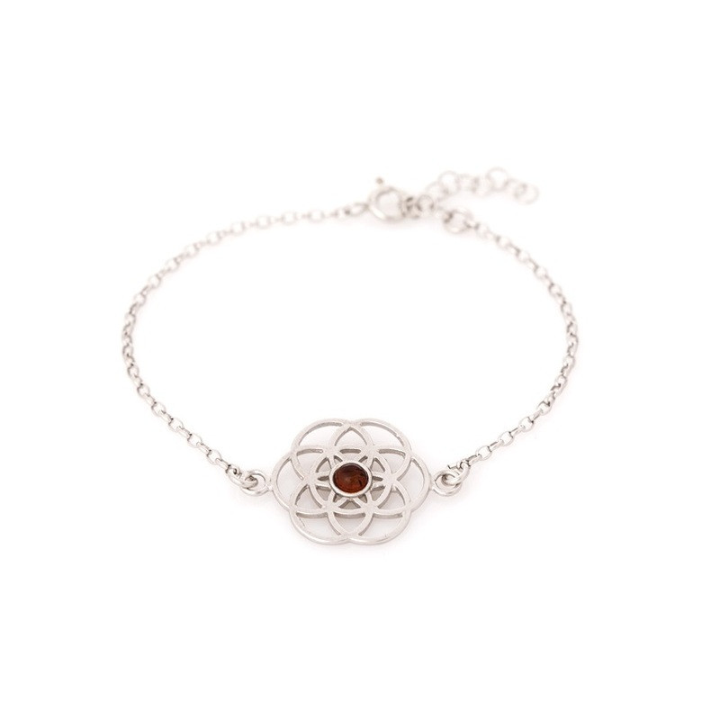 Bracelet fleur de vie en ambre cognac, argent 925 rhodié, ajustable 16+3 cm
