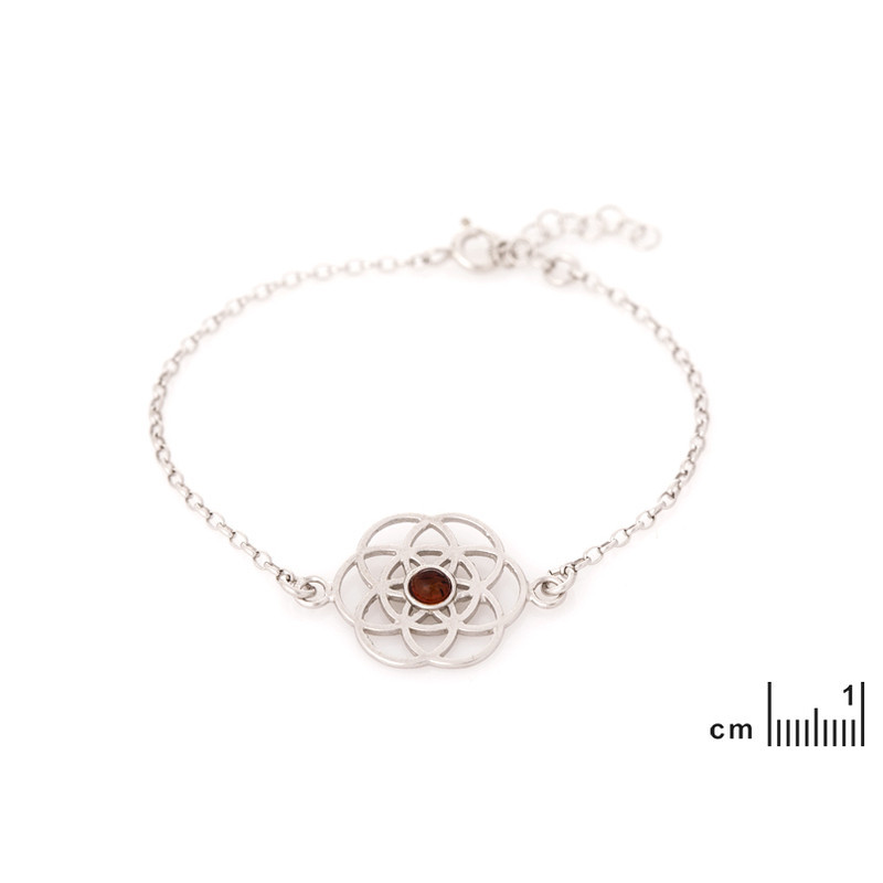 Bracelet fleur de vie en ambre cognac, argent 925 rhodié, ajustable 16+3 cm