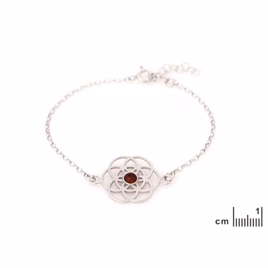 Flower of life bracelet in cognac amber, rhodium-plated 925 silver, adjustable 16+3 cm