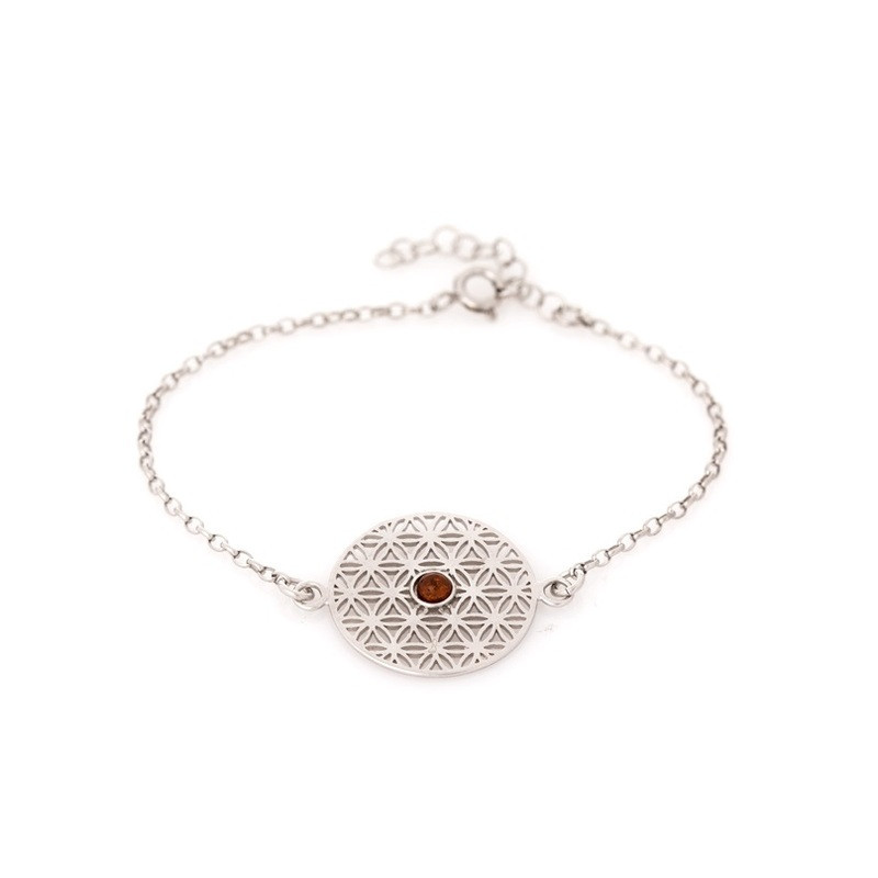 Bracelet fleur de vie en ambre cognac, argent 925 rhodié, 42+3 cm
