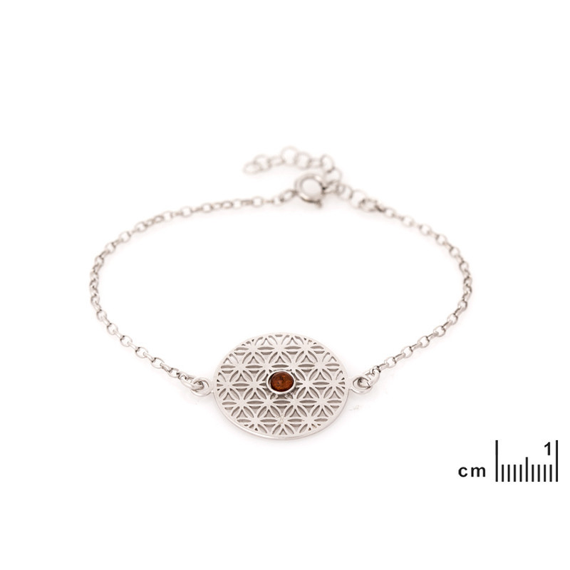 Bracelet fleur de vie en ambre cognac, argent 925 rhodié, 42+3 cm