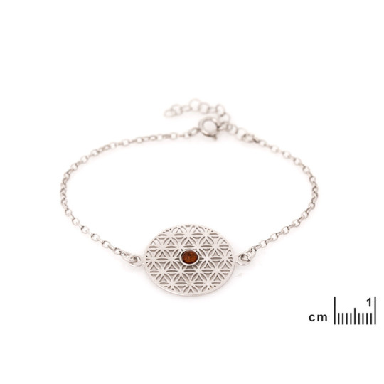 Bracelet fleur de vie en ambre cognac, argent 925 rhodié, 42+3 cm