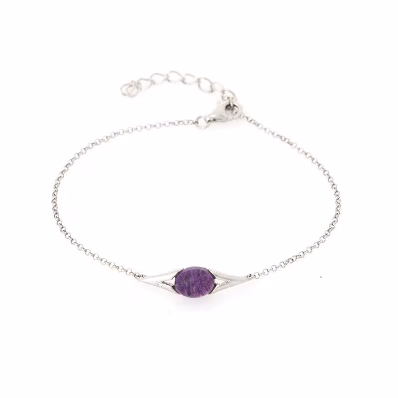 Bracelet en améthyste, argent 925 rhodié, longueur ajustable 16+3 cm