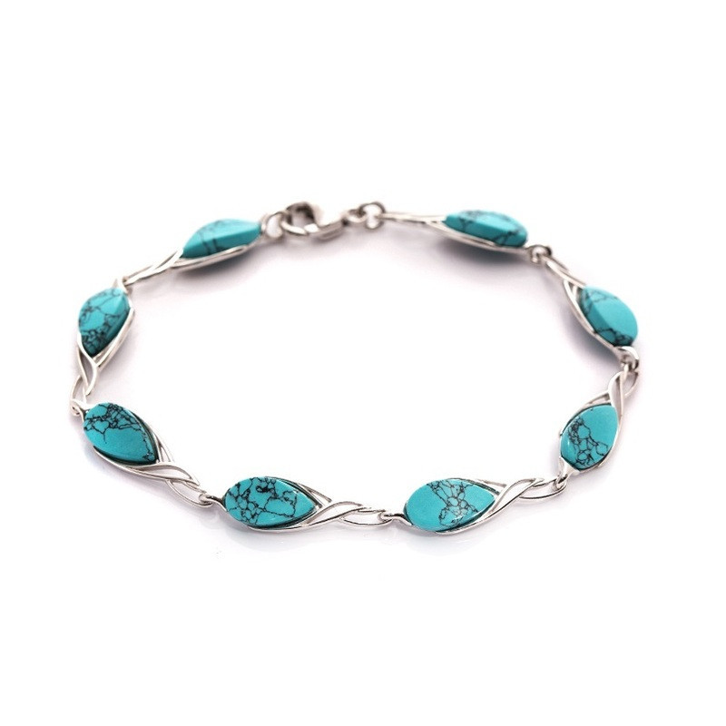 Bracelet en turquoise bleue goutte, en argent 925 rhodié, longueur 18 cm