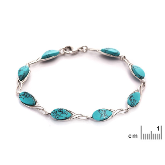 Bracelet en turquoise bleue goutte, en argent 925 rhodié, longueur 18 cm