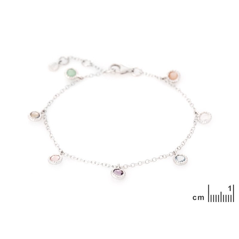 Bracciale multipietra, argento 925 rodiato, lunghezza regolabile 16+2 cm