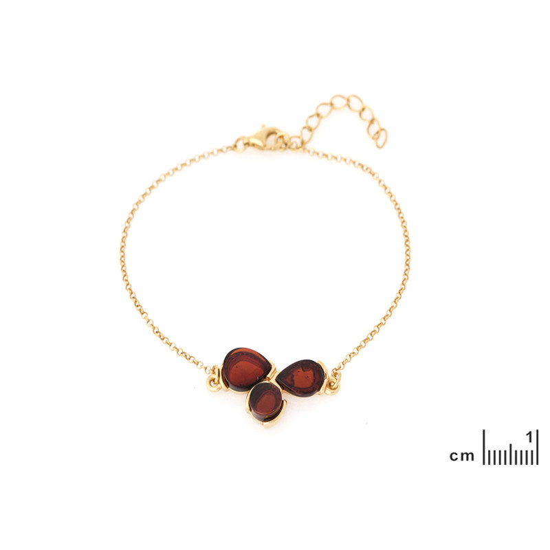 Pulsera de ámbar coñac, plata 925 dorado , largo ajustable 17+3 cm.