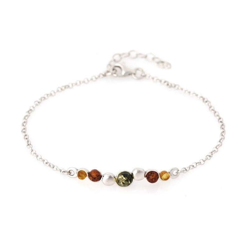 Bracelet en ambre multicolore, argent 925 rhodié, longueur ajustable 18+3 cm