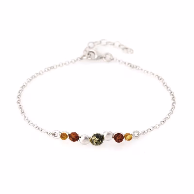 Multicolored amber bracelet, rhodium-plated 925 silver, adjustable length 18+3 cm