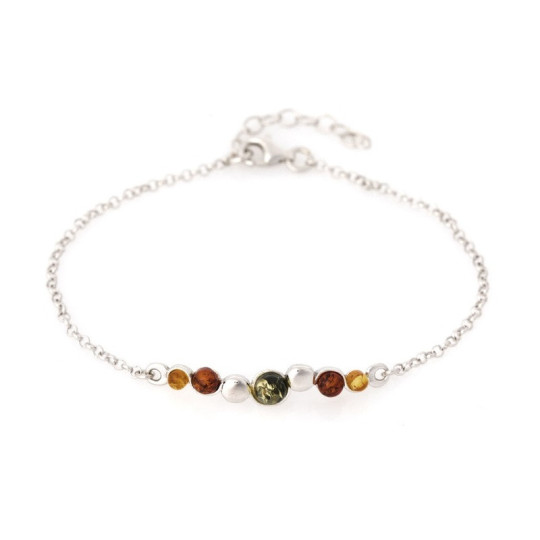 Bracelet en ambre multicolore, argent 925 rhodié, longueur ajustable 18+3 cm