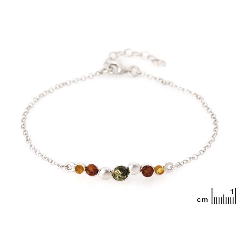 Bracelet en ambre multicolore, argent 925 rhodié, longueur ajustable 18+3 cm
