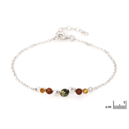 Bracelet en ambre multicolore, argent 925 rhodié, longueur ajustable 18+3 cm