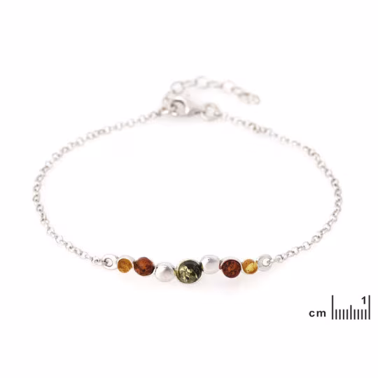 Multicolored amber bracelet, rhodium-plated 925 silver, adjustable length 18+3 cm