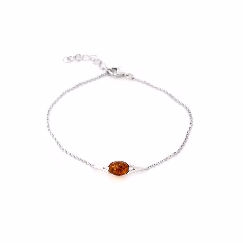 Bracelet en ambre cognac, argent 925 rhodié, longueur ajustable 17+3 cm