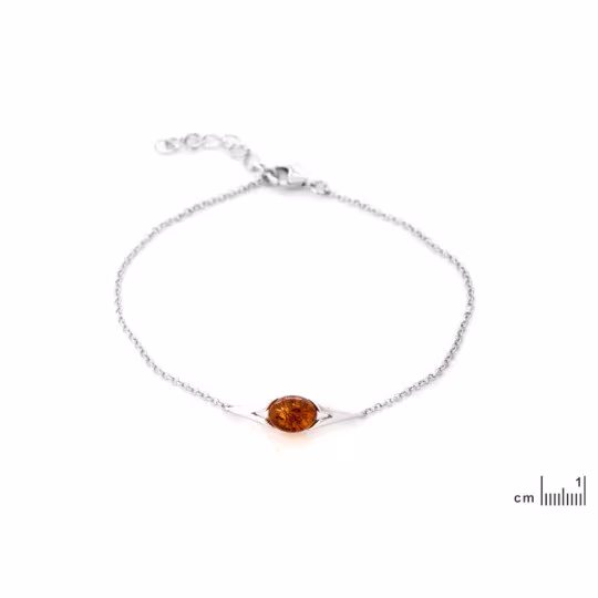Bracelet en ambre cognac, argent 925 rhodié, longueur ajustable 17+3 cm