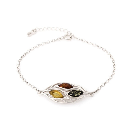 Bracciale in ambra multicolore, argento 925 rodiato, lunghezza regolabile 17+3 cm
