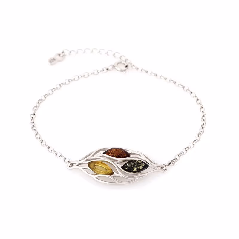 Multicolored amber bracelet, rhodium-plated 925 silver, adjustable length 17+3 cm