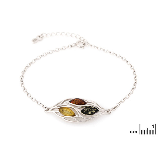 Multicolored amber bracelet, rhodium-plated 925 silver, adjustable length 17+3 cm