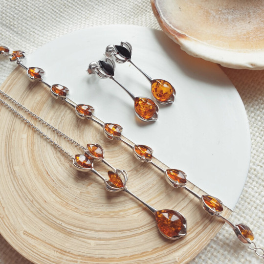 Bracelet en ambre cognac, argent 925 rhodié, ajustable 17+3 cm