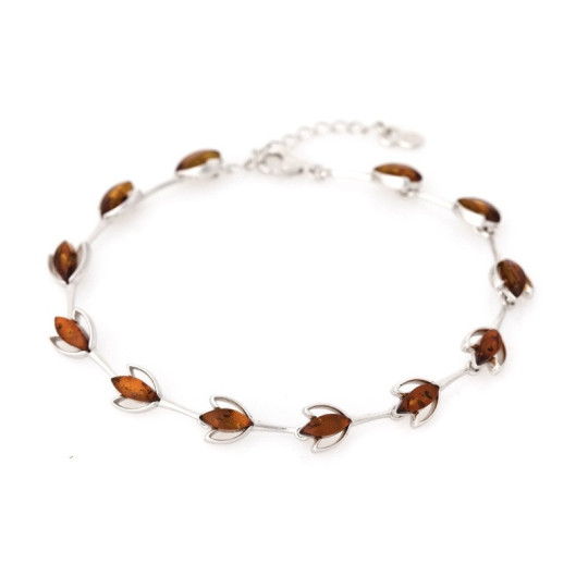Bracelet en ambre cognac, argent 925 rhodié, ajustable 17+3 cm