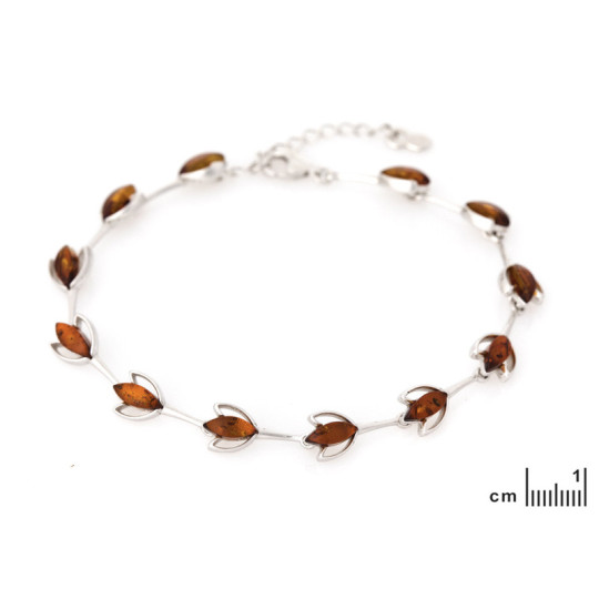 Bracelet en ambre cognac, argent 925 rhodié, ajustable 17+3 cm