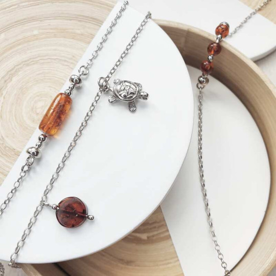 Armband aus Cognac-Bernstein, rhodiniertes 925er Silber, verstellbare Länge 23+4 cm