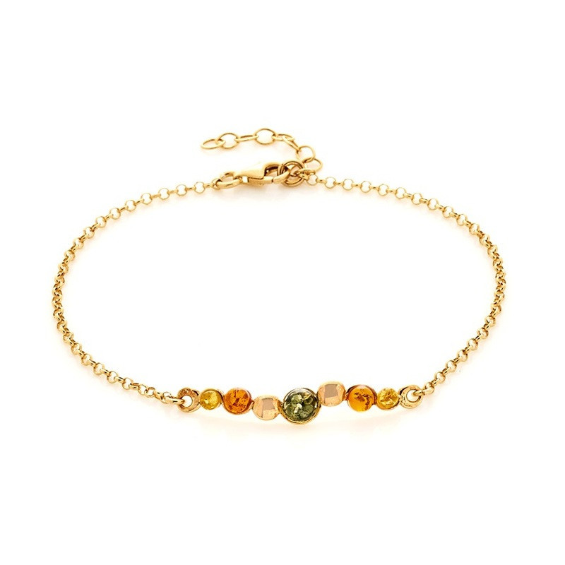 Multicolored amber bracelet, gold plated 925 silver, adjustable length 18+3 cm