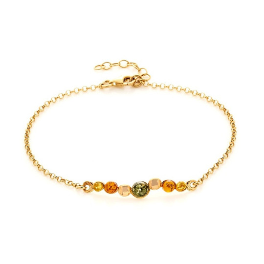 Multicolored amber bracelet, gold plated 925 silver, adjustable length 18+3 cm