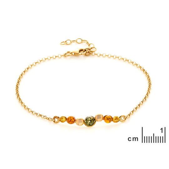 Multicolored amber bracelet, gold plated 925 silver, adjustable length 18+3 cm