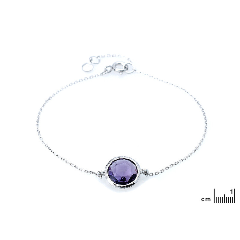 Bracelet en améthyste violette, argent 925 rhodié, longueur ajustable 17-19 cm